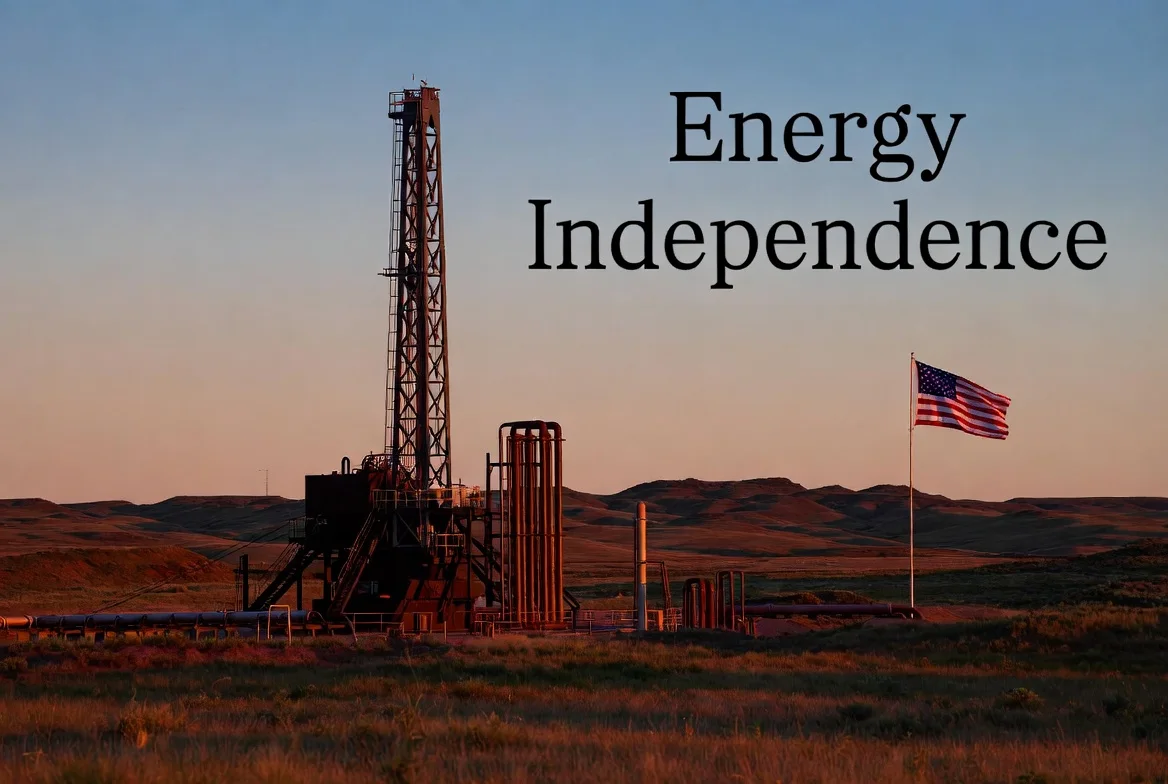 Energy Independence — South Dakota oil drilling rig at sunset with American flag