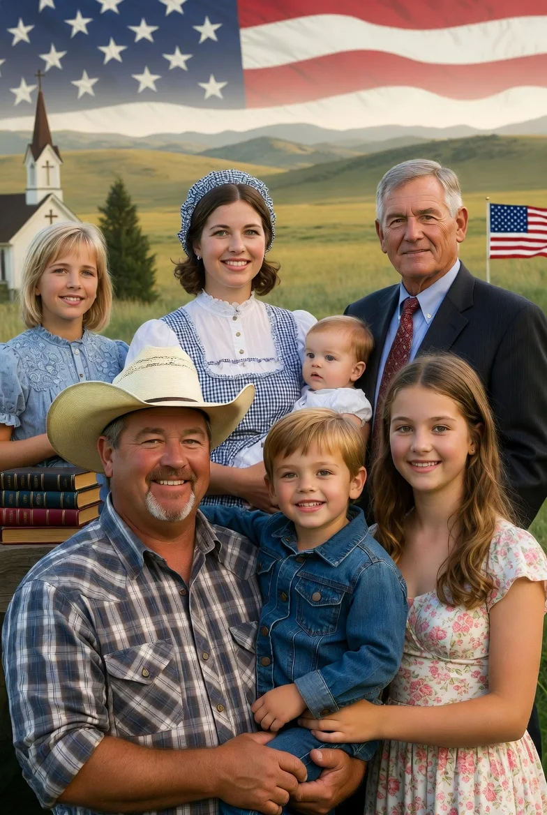 Family Values — South Dakota conservative family with American flag and church